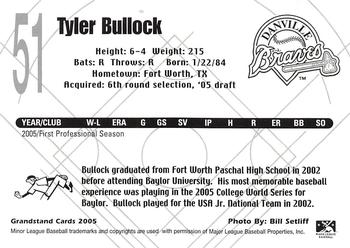 2005 Grandstand Danville Braves #NNO Tyler Bullock Back