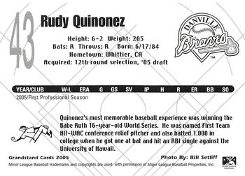 2005 Grandstand Danville Braves #NNO Rudy Quinonez Back