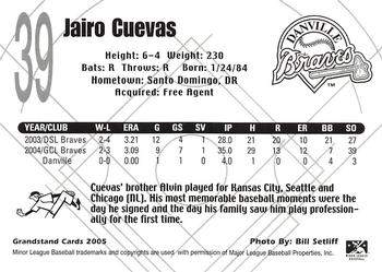 2005 Grandstand Danville Braves #NNO Jairo Cuevas Back