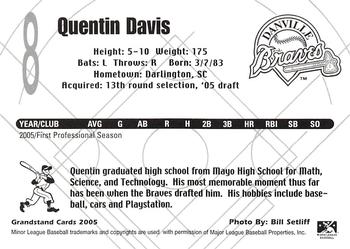 2005 Grandstand Danville Braves #NNO Quentin Davis Back