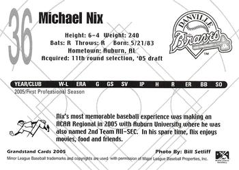 2005 Grandstand Danville Braves #NNO Michael Nix Back