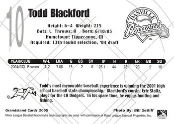 2005 Grandstand Danville Braves #NNO Todd Blackford Back