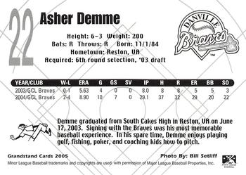 2005 Grandstand Danville Braves #NNO Asher Demme Back