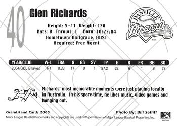 2005 Grandstand Danville Braves #NNO Glen Richards Back