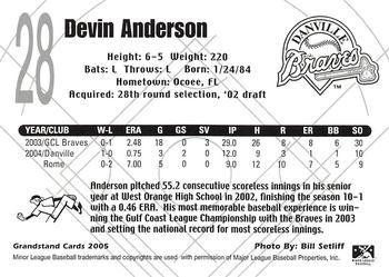 2005 Grandstand Danville Braves #NNO Devin Anderson Back
