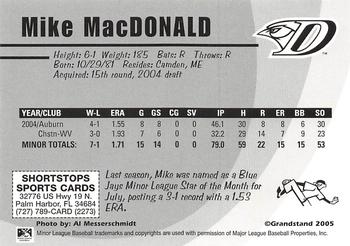 2005 Grandstand Dunedin Blue Jays #NNO Mike MacDonald Back
