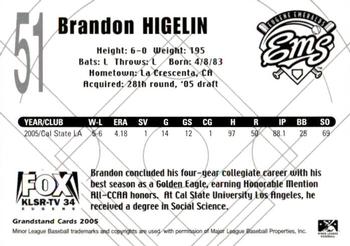 2005 Grandstand Eugene Emeralds #NNO Brandon Higelin Back