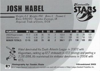 2005 Grandstand Huntsville Stars #NNO Josh Habel Back