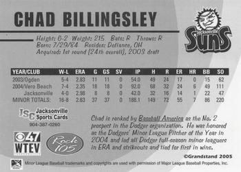 2005 Grandstand Jacksonville Suns #12 Chad Billingsley Back