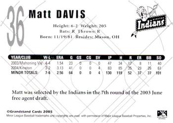 2005 Grandstand Kinston Indians #NNO Matt Davis Back