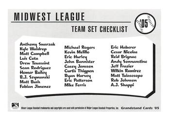 2005 Grandstand Midwest League Top Prospects #NNO Checklist Back