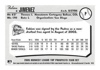 2005 Grandstand Midwest League Top Prospects #NNO Fabian Jimenez Back