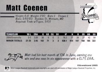 2005 Grandstand Mississippi Braves #NNO Matt Coenen Back