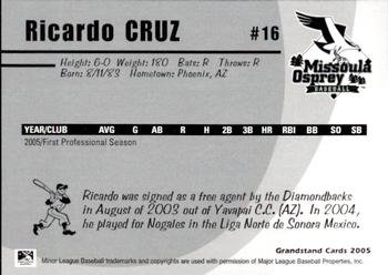 2005 Grandstand Missoula Osprey #14 Ricardo Cruz Back