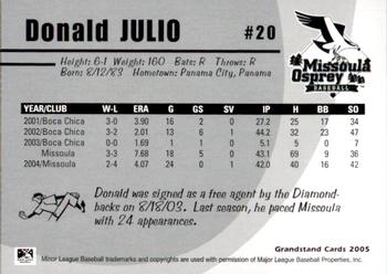 2005 Grandstand Missoula Osprey #29 Donald Julio Back