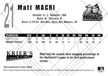 2005 Grandstand Modesto Nuts #NNO Matt Macri Back