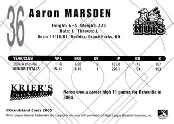 2005 Grandstand Modesto Nuts #NNO Aaron Marsden Back
