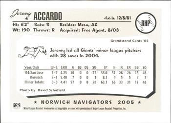 2005 Grandstand Norwich Navigators #NNO Jeremy Accardo Back