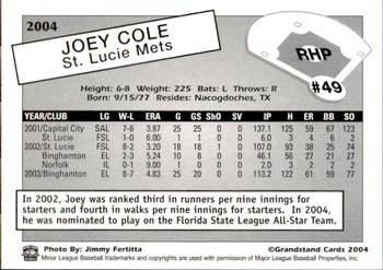 2004 Grandstand St. Lucie Mets #NNO Joey Cole Back