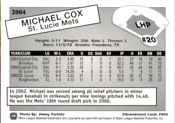 2004 Grandstand St. Lucie Mets #NNO Michael Cox Back