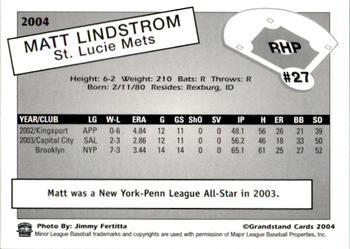 2004 Grandstand St. Lucie Mets #NNO Matt Lindstrom Back