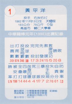 1990 Chiclets CPBL #1 Ping-Yang Huang Back
