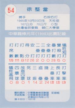 1990 Chiclets CPBL #54 Chen-Tang Hsu Back