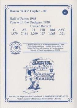 1989 Los Angeles Dodgers Greats Smokey #6 Kiki Cuyler Back