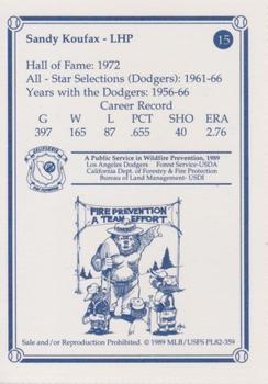 1989 Los Angeles Dodgers Greats Smokey #15 Sandy Koufax Back