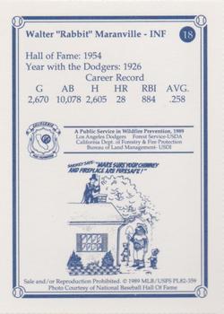 1989 Los Angeles Dodgers Greats Smokey #18 Rabbit Maranville Back