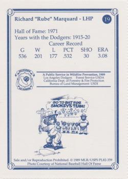 1989 Los Angeles Dodgers Greats Smokey #19 Rube Marquard Back