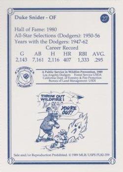 1989 Los Angeles Dodgers Greats Smokey #27 Duke Snider Back