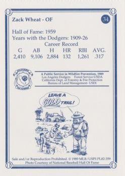 1989 Los Angeles Dodgers Greats Smokey #34 Zack Wheat Back
