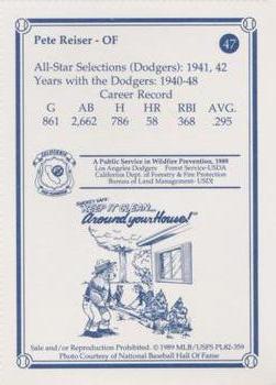 1989 Los Angeles Dodgers Greats Smokey #47 Pete Reiser Back