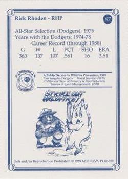 1989 Los Angeles Dodgers Greats Smokey #87 Rick Rhoden Back