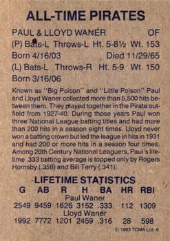 1983 TCMA All-Time Pittsburgh Pirates Blue Frame #6 Paul Waner / Lloyd Waner Back
