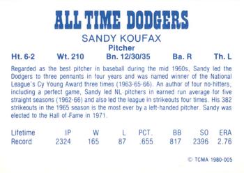 1980 TCMA All Time Brooklyn/Los Angeles Dodgers (Blue Backs) #005 Sandy Koufax Back