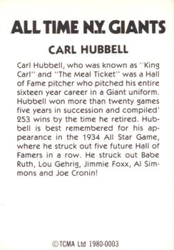 1980 TCMA All Time New York Giants (Black Backs) #0003 Carl Hubbell Back
