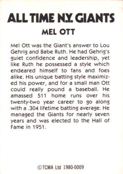 1980 TCMA All Time New York Giants (Black Backs) #0009 Mel Ott Back