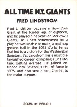1980 TCMA All Time New York Giants (Black Backs) #0011 Fred Lindstrom Back