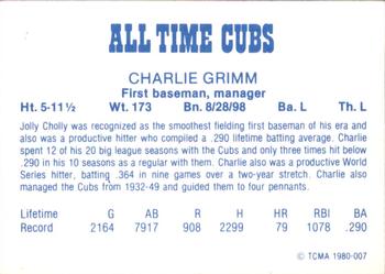 1980 TCMA All Time Chicago Cubs #007 Charlie Grimm Back