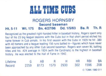 1980 TCMA All Time Chicago Cubs #011 Rogers Hornsby Back