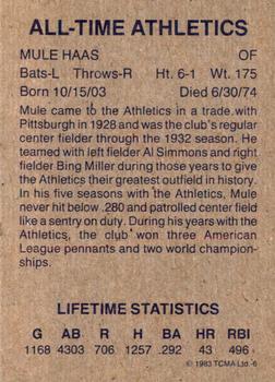 1983 TCMA All-Time Philadelphia/Kansas City Athletics #6 Mule Haas Back