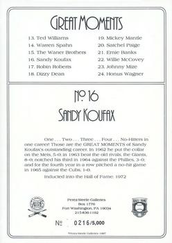 1987 Perez-Steele Great Moments Series 2 #16 Sandy Koufax Back