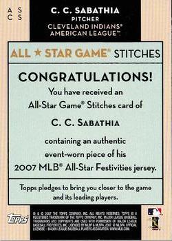 2007 Topps Updates & Highlights - All-Star Stitches #ASCS CC Sabathia Back
