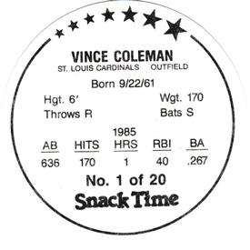 1986 KAS St. Louis Cardinals Discs #1 Vince Coleman Back