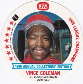 1986 KAS St. Louis Cardinals Discs #1 Vince Coleman Front