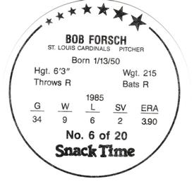 1986 KAS St. Louis Cardinals Discs #6 Bob Forsch Back