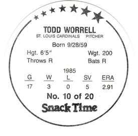 1986 KAS St. Louis Cardinals Discs #10 Todd Worrell Back