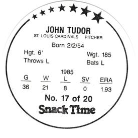 1986 KAS St. Louis Cardinals Discs #17 John Tudor Back